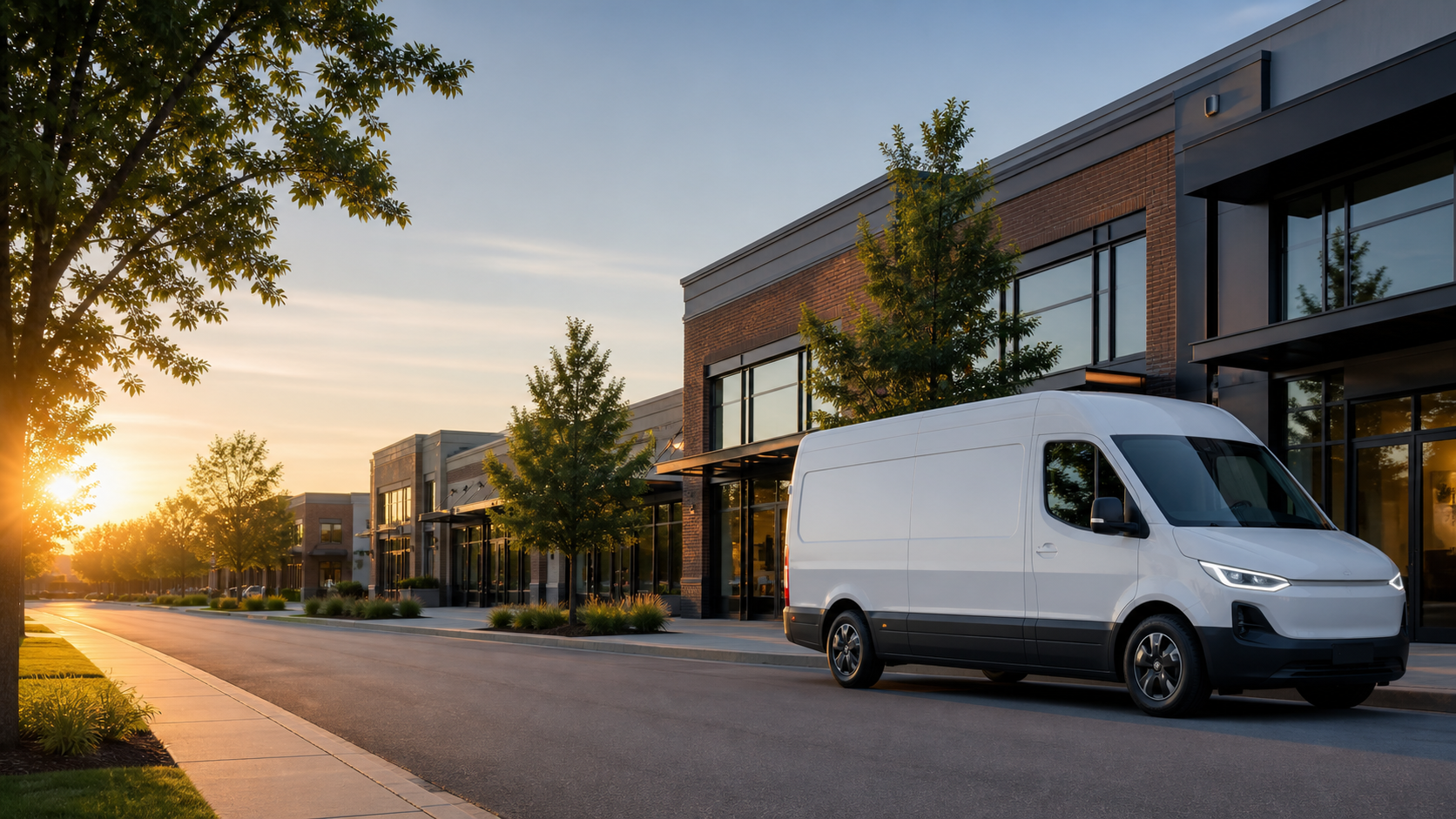 Unbranded white delivery van representing local driving jobs in Fort Wayne, parked outside commercial buildings at sunrise