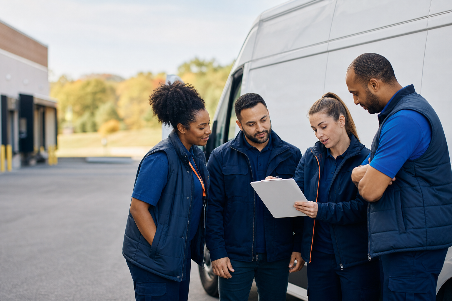 Delivery team reviewing a route beside an unbranded van for route driver jobs in Fort Wayne